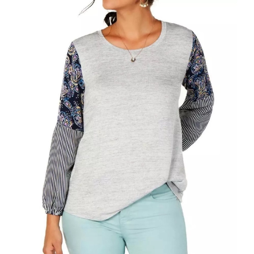 Style & Co. Women's Round Neck Mixed Media Bishop Sleeve Top